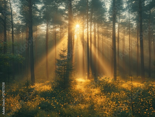 Sunbeams pour through trees in misty forest  Beautiful nature at morning in the misty spring forest