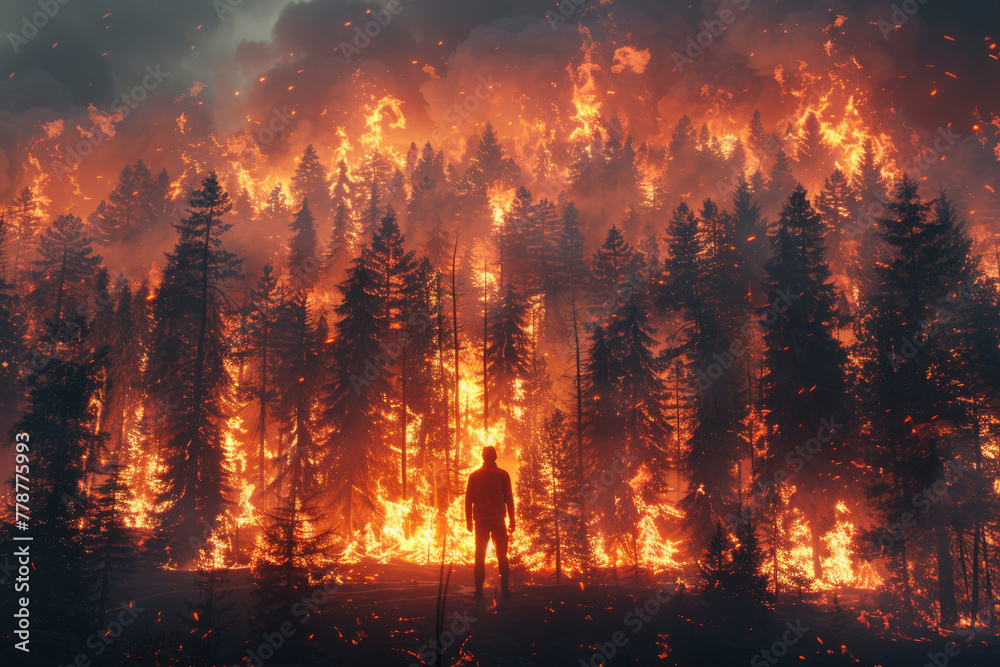 Solitary Figure Facing a Massive Forest Fire Solitary Figure Facing a Massive Forest Fire