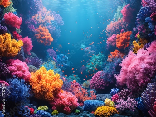 coral reef teeming with marine life, vibrant colors of corals, fish, and underwater plants © mirifadapt