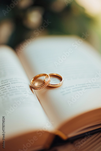 gold wedding rings on a book close-up © Anna