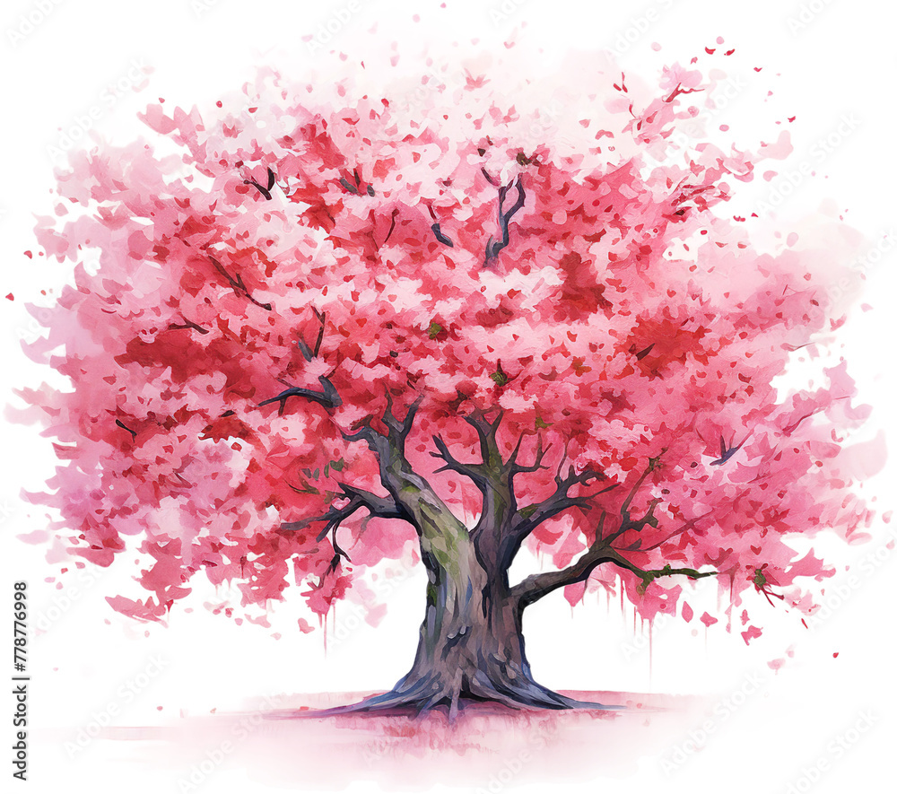 Full Cherry Blossom Tree with a Watercolor Pink Bloom Effect
