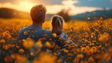 Father and daughter have fun in flowers field. Kid sits on daddy's shoulders on summer holiday. Child girl and man are family. - Generative AI