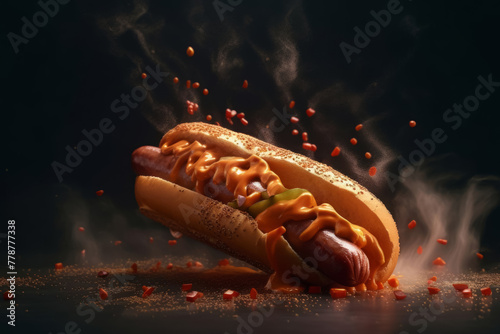 Delicious hotdog floating in the air