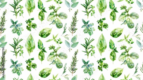 A watercolor painting of various herbs and spices  including parsley  basil  and rosemary