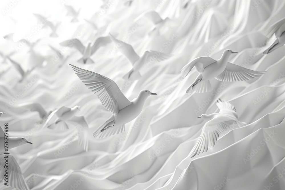 Craft an AI-rendered scene illustrating loyalty as a flock of birds ...