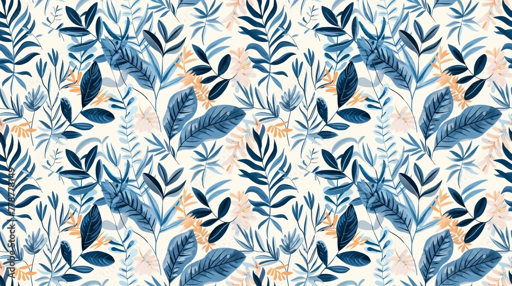 A blue and white floral pattern with leaves and flowers. The blue and white colors give the impression of a calm and peaceful atmosphere