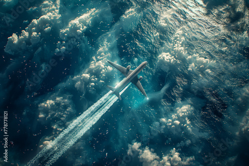 Craft an AI-rendered scene illustrating the dynamic view of an airplane cruising above a sparkling blue ocean, its contrail tracing a graceful arc across the sky as it glides effortlessly over the shi © Izhar