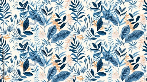 A blue and white floral pattern with leaves and flowers. The blue and white colors give the impression of a calm and peaceful atmosphere