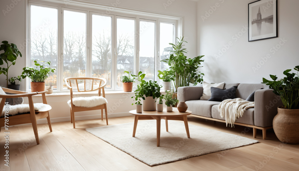 Minimalist Living Room with a Cozy Fireplace and Potted Plants Minimalist Living Room with a Cozy Fireplace and Potted Plants