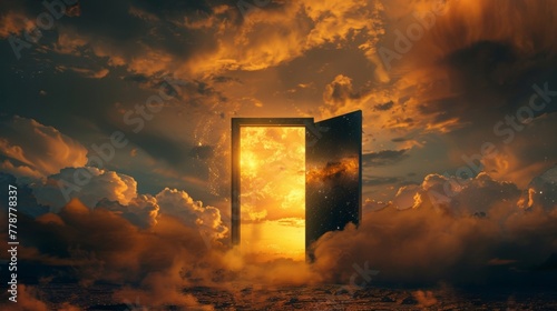 the door open to the universe , center framed, yellow, clouds