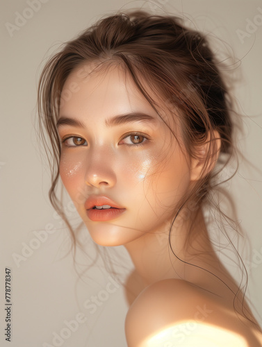 A dreamy young woman with dewy skin gazes softly in a portrait with natural light.