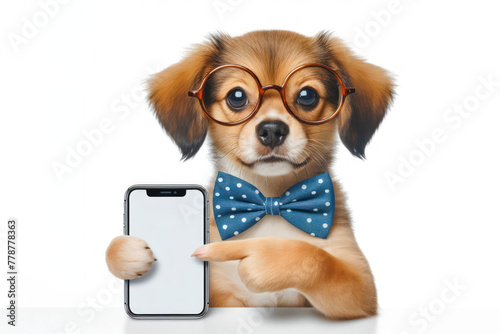 funny dog pointing on smartphone with white screen on white background © Igor