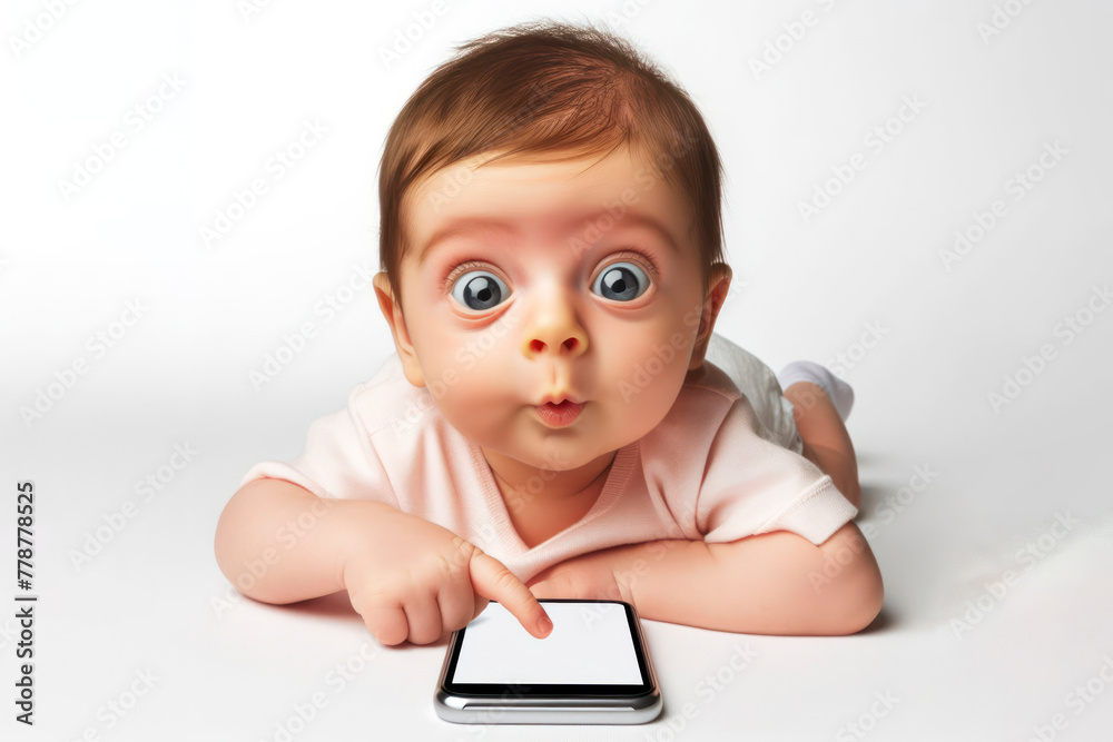 funny new born baby with big eyes pointing on smartphone with white screen on white background funny new born baby with big eyes pointing on smartphone with white screen on white background