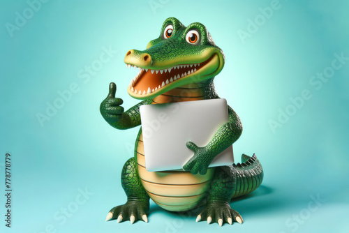 Crocodile with laptop showing thumbs up on color background