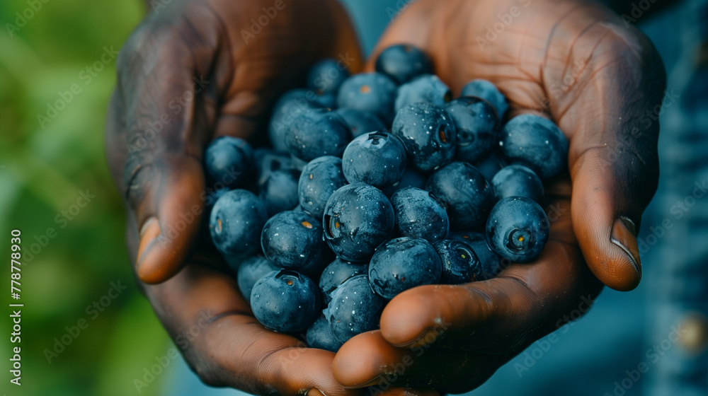 close-up handful of blueberries in black man hands, organic fresh harvest close-up handful of blueberries in black man hands, organic fresh harvest
