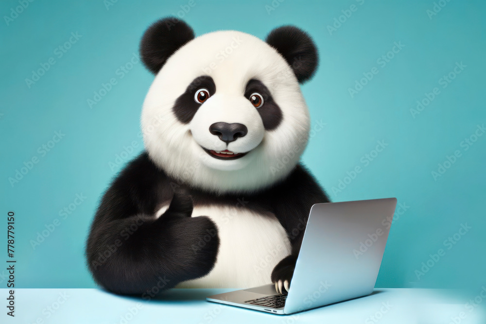 Panda with laptop showing thumbs up on color background