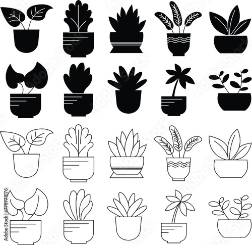 Set of Potted plant flat icons with editable stock. Pot Symbols elements for infographic web and mobile concept. Houseplant flowerpot symbols. gardening signs. Nature icons on transparent background.