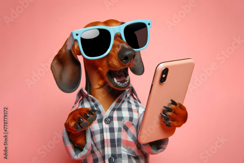 Shocked Dachshund dog in sunglasses holding smartphone on color background