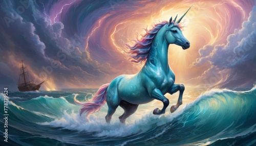 A mystical turquoise unicorn gallops on cresting ocean waves under a swirling, dramatic sky with a distant ship. AI Generation