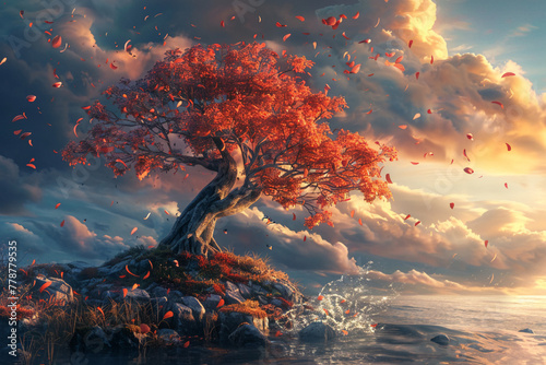 Craft an AI-rendered scene illustrating loyalty as a tree standing tall and proud amidst a storm, its roots firmly planted in the earth and its branches reaching towards the sky. Vibrant colors and dy