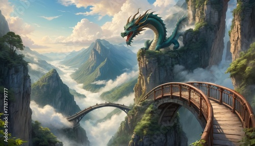 A fantastical digital art of a green dragon soaring near a bridge over misty mountains, invoking a sense of adventure and mythology.. AI Generation