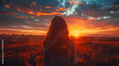 Beautiful young woman standing in a field and enjoying the sunset. © Henryz