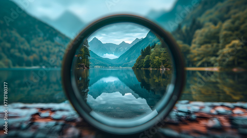 View through the lens of a camera on the lake and mountains.
