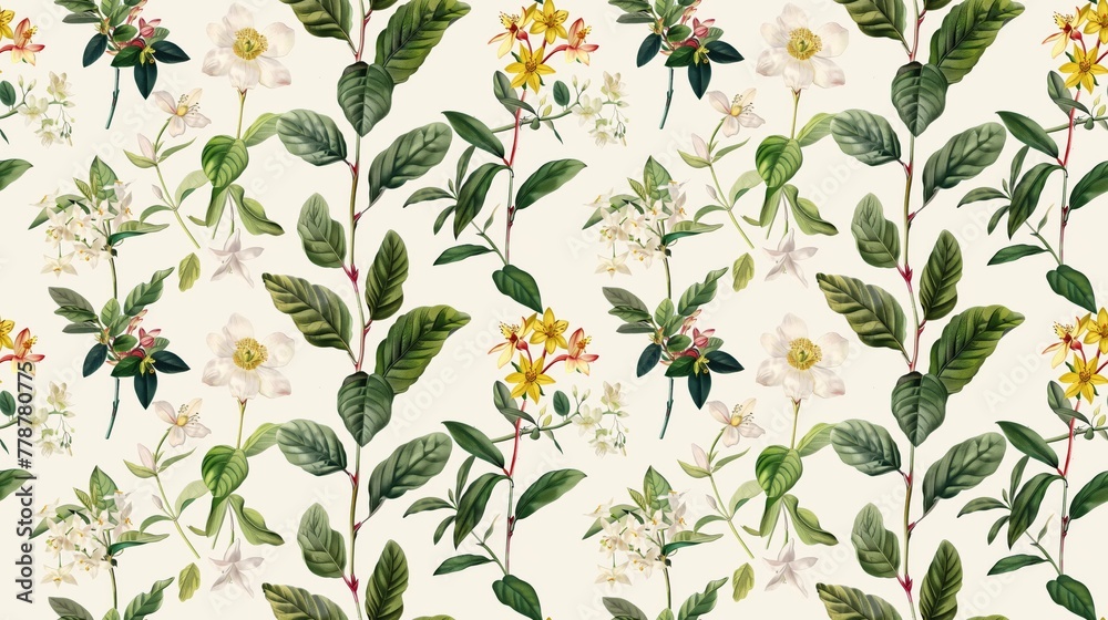 A painting of a tree with leaves and flowers. The painting is very detailed and has a lot of green and white colors