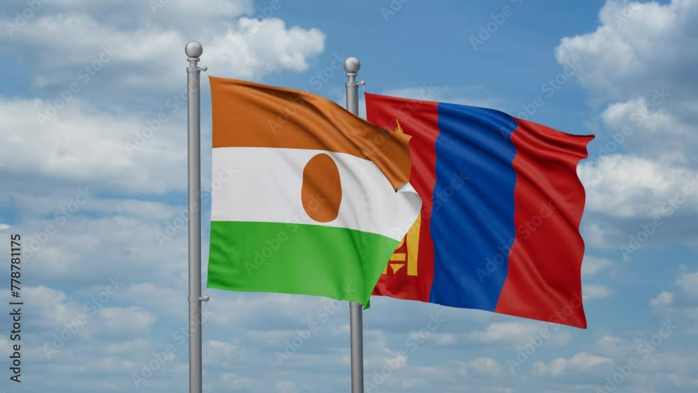 Mongolia and Niger two flags waving together, looped video, two country cooperation concept Mongolia and Niger two flags waving together, looped video, two country cooperation concept