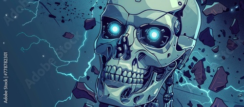 A skull with an electric blue jaw and bone structure, featuring blue eyes, is engulfed in lightning. This art piece blends science fiction and futuristic themes