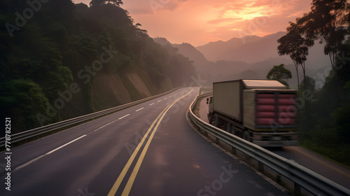 Truck on a Picturesque Malaysian Road at Sunrise. photo