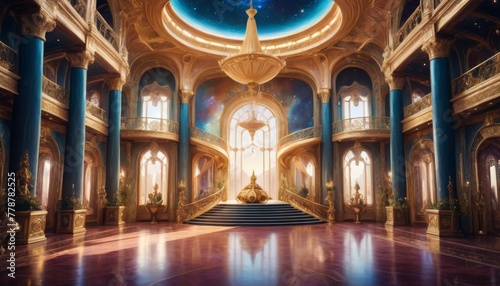A lavish fantasy palace interior with opulent golden accents, a grand staircase, and a celestial sky visible through the dome.. AI Generation