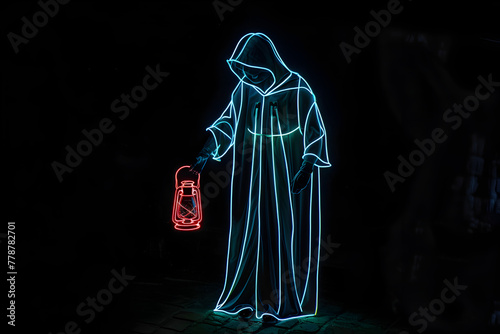 Neon outlines of mysterious figure in hooded cloak with lantern isotated on black background.