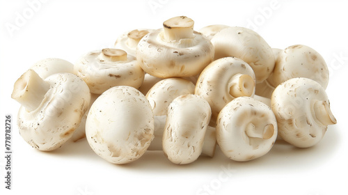 Fresh white button mushrooms arranged on white background. Emphasized clean uniform appearance, mild flavor. Design for versatile ravioli fillings, culinary potential. 