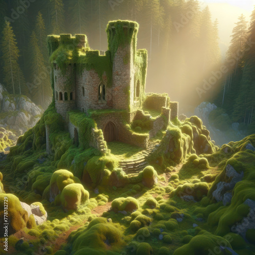 Castle Overgrown with Moss and a Forest Sunset. AI Generated