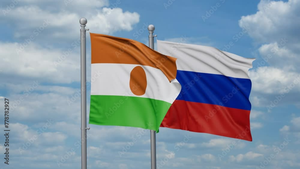 Russian Federation and Niger two flags waving together, looped video Russian Federation and Niger two flags waving together, looped video