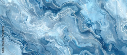 A detailed shot capturing the fluidity of a blue and white marble texture, resembling the movement of wind waves in the ocean. The electric blue pattern creates a natural landscape