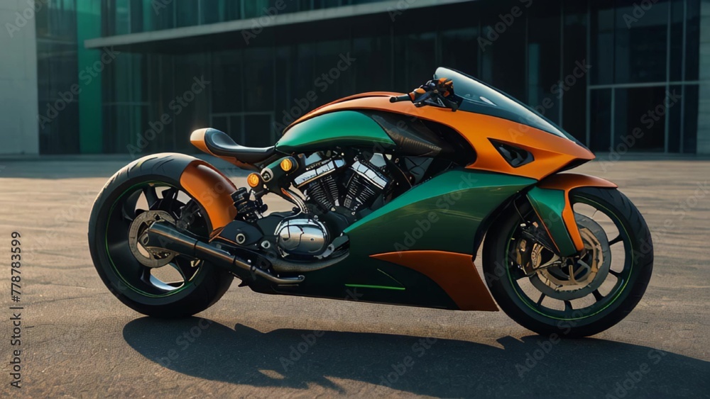 A green and orange motorcycle parked in front of a building. This image has video.