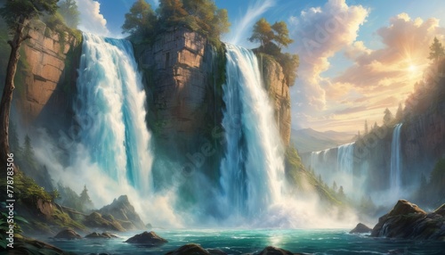 A digital painting of a serene landscape featuring towering waterfalls bathed in the warm glow of the setting sun  with mist rising from the turquoise pool below. AI Generation