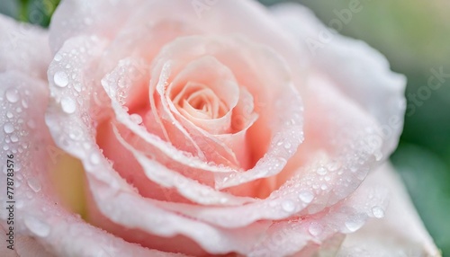 Macro shot of a delicate pink rose with crystal-clear water drops clinging to its petals. A perfect choice for a Valentine's Day card or a floral background.