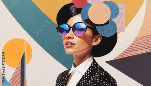 Portrait créatif, jolie jeune femme brune portant des lunettes de soleil, style moderne et rétro à la fois, arrière plan forme géométriques colorées abstraites, très original et stylé photo