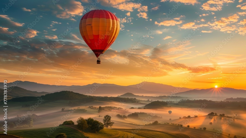 Obraz premium A hot air balloon ascending at sunrise over rolling hills