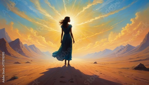 A silhouette of a woman in a flowing dress stands against a vast desert backdrop, gazing towards the sun as it creates a vivid, inspiring sunset.. AI Generation