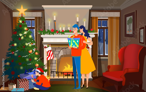 Happy parents giving Christmas gifts to child. Boy unpacking present boxes at Xmas tree flat vector illustration. New Year, family, holiday concept