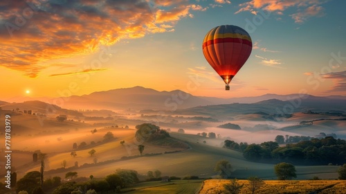 A hot air balloon ascending at sunrise over rolling hills © paisorn