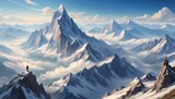 An awe-inspiring panoramic view of towering snow-capped mountains with a lone figure contemplating the vastness, symbolizing adventure and solitude. AI Generation