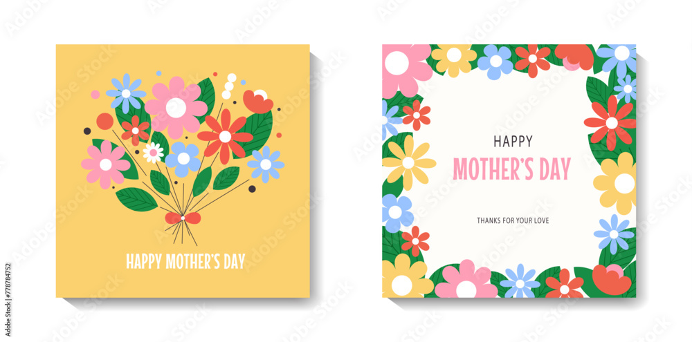 Set of Happy Mother's Day greeting cards with beautiful colorful flowers. Editable vector template for greeting card, poster, banner, invitation, social media post. 