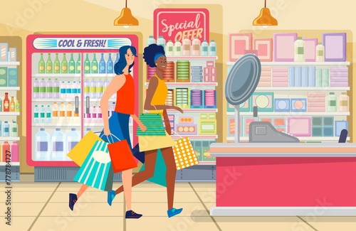 Positive female friends with shopping bags in supermarket. Multiracial women, shoppers, customers flat vector illustration. Offline stores, friendship, shopping concept