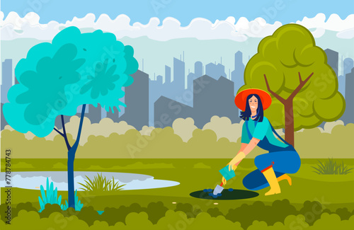 Positive female volunteer planting tree in city park. Young woman working with shovel flat vector illustration. Ecology, environment, outdoor activity, volunteering activities, lifestyle concept