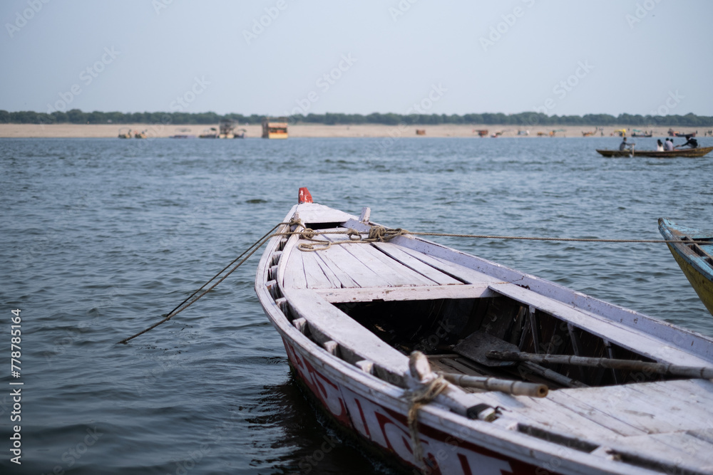 Wooden boat on the Ganges river in Varanasi, India
